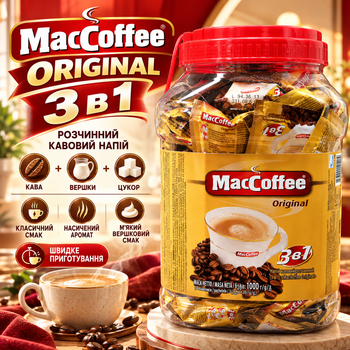 Кавовий напій 3 в 1 MacCoffee Original розчинний класичний 1000 г кава з вершками цукром у стіках 50 пакетиків по 20 г швидкого приготування для дому офісу подорожей