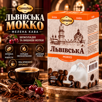 Кофе молотый 250 г CaffeeFan Львовский Мокко арабика робуста мелкого помола средней обжарки с шоколадно вишневыми нотками в вакуумной упаковке для турки гейзерной капельной кофеварки френч пресса чашки