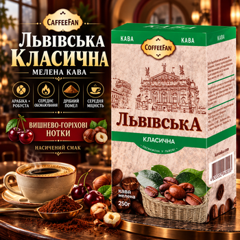 Кофе молотый 250 г CaffeeFan Львовский Классический арабика робуста средней обжарки мелкого помола натуральный с нотками вишни ореха средней крепости в вакуумной упаковке для турки френч пресса гейзерной капельной кофеварки чашки