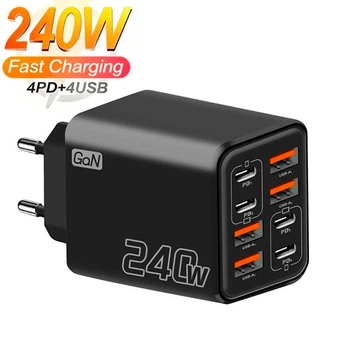 Мережевий зарядний пристрій Блок живлення для телефона 240W 4 USB A + 4 USB Type-C Швидке заряджання PD+QC3.0 Блок заряджання для Samsung, IPhone, Xiaomi, Redmi, Huawei, Realme 697 Black