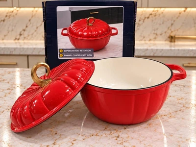 Чугунная кастрюля Тыква Red 6,5л с высококачественной эмалью с крышкой и металлической ручкой красная индукция