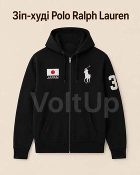 Толстовка Polo Ralph Lauren черное унисекс - на замке с капюшоном, нашивкой Japan, логотипом и номером 3 на рукаве размер M