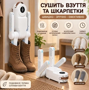 Електрична сушарка для взуття з таймером / Електросушарка для 2 пар взуття 150 Вт 45–48°C
