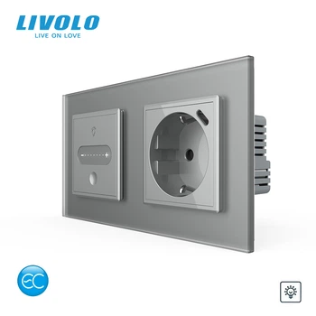 Умный сенсорный диммер с розеткой USB Type-C 18Вт LIVOLO 16А 230В, с заземлением, шторки, серый матовий, стекло