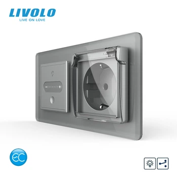 Умный сенсорный проходной диммер с розеткой и крышкой IP44 LIVOLO, с заземлением, шторки, серый 2.5D, стекло