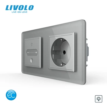 Умный сенсорный диммер с розеткой LIVOLO 16А 230В с заземлением, шторки, серый 2.5D, стекло