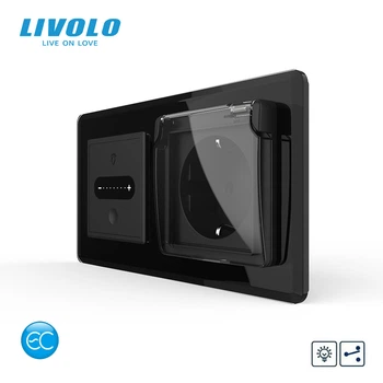 Умный сенсорный проходной диммер с розеткой и крышкой IP44 LIVOLO, с заземлением, шторки, черный 2.5D, стекло
