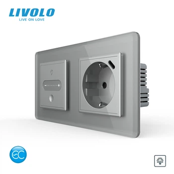 Умный сенсорный диммер с розеткой USB Type-C 18Вт LIVOLO 16А 230В, с заземлением, шторки, серый 2.5D, стекло