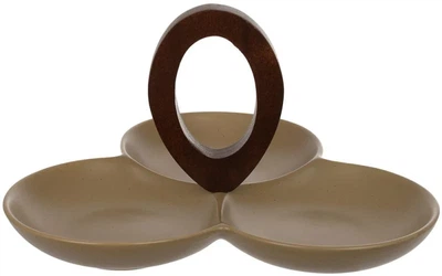 Менажница фарфоровая 3 секции Natural Serving Grey 24x23 см с деревянной ручкой