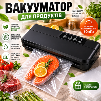 Вакууматор для продуктів Vacuum Sealer 110 Вт 60 кПа вакуумний пакувальник для сухих і вологих продуктів із пакетами