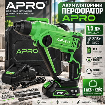 Перфоратор APRO аккумуляторный 18 В SDS+ 1,5 Дж ударный беспроводной инструмент 4500 уд/мин с реверсом регулировкой скорости 1 АКБ зарядкой кейсом для бетона кирпича камня