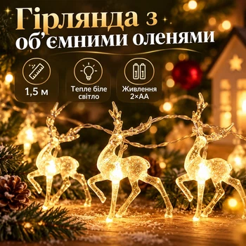 Светодиодная гирлянда с объемными оленями 1,5 м, теплый белый свет, питание от 2×AA