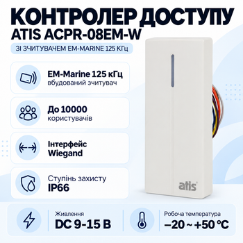 Контролер зі зчитувачем ATIS ACPR-08EM-W Marine 125 кГц DС 9-15 В White