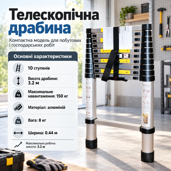 Лестница телескопическая алюминиевая 3.2 м компактная переносная для дома и дачи