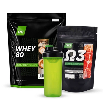 Комплект ТМ TNT Протеїн комплексний WHEY 80 2 кг. Кавовий крем, Омега-3 та Шейкер