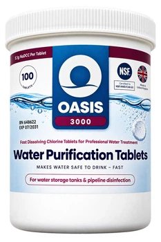 Таблетки для дезинфекции питьевой воды Oasis 3000 — банка 100 таблеток на 60 000 л (1 таблетка на 600 л, 5,1 г NaDCC)