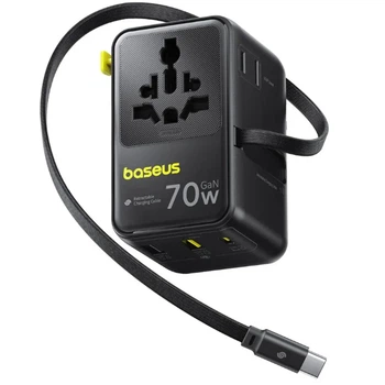 Мережевий перехідник Baseus CG11 75W із висувним кабелем 2USB-A/3xType-C/1 розетка чорний