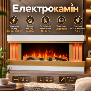 Електрокамін ArtiFlame Sogne AF52 2000 Вт до 30 м² з 3D-ефектом полум’я Wi-Fi та пультом Настінний обігрівач з цифровим термостатом декоративними полінами і камінням