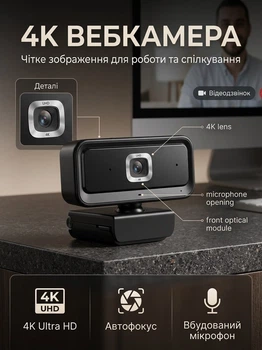 Веб-камера FocusView Ultra HD 4K (3840×2160) з мікрофоном, автофокусом та шторкою приватності USB Plug & Play