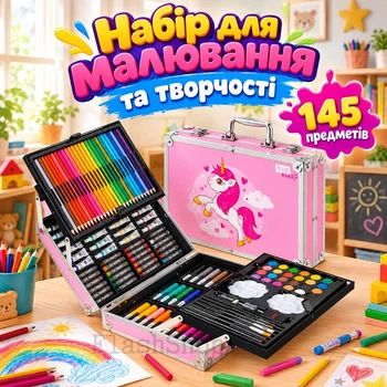 Набір для малювання та творчості в алюмінієвій валізі 145 предметів (рожевий)