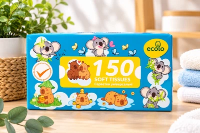 Двохшарові косметичні серветки тягучки Ecolo в картонній коробці 150 шт