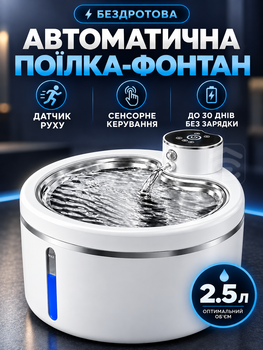 Автопоїлка для котів і собак питний фонтан з датчиком руху бездротова поїлка автономна напувалка з фільтром для води Wireless Smart Water Dispenser аккумуляторний питний фонтан з фільтром 2.5 л (WATER_DISP_WHITE3)