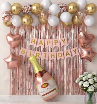 Фотозона шампанское розовое золото с гирлядой Happy Birthday золото