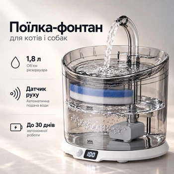 Автоматична поїлка-фонтан для котів та собак Zumi WF060 Plus 1.8 л з датчиком руху та акумулятором