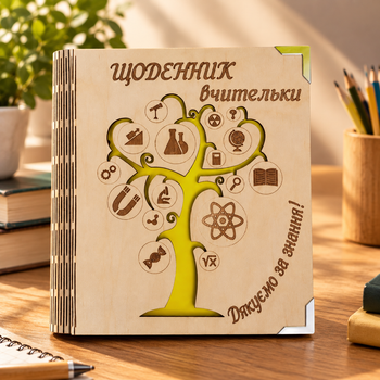 Деревянный блокнот "Щоденник вчительки" (на цельной обложке с ручкой), дерево знаний, ежедневник из дерева