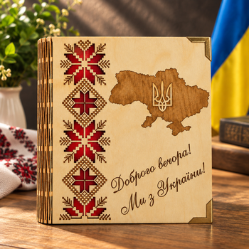 Деревянный блокнот "Доброго вечора! Ми з України!" Мапа" (на цельной обложке с ручкой), ежедневник из дерева