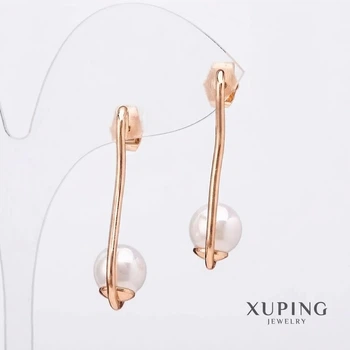 Сережки Xuping з перлами Майорка, 35х9 мм, колір білий, родій
