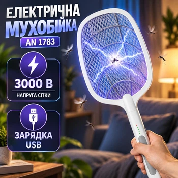 Электромухобойка в виде белой ракетки AN 1783 3000 В с аккумулятором 1200 мА·ч и подсветкой УФ-лампой для уничтожения мух и москитов, маленькая экологичная электрическая мухоловка для комаров и насекомых со световой ловушкой и USB-зарядкой