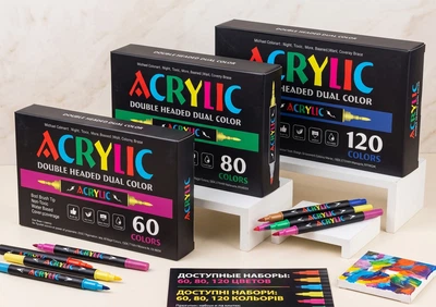 Двусторонние двухцветные акриловые маркеры-кисти Acrylic Double Headed Dual Color 60шт для рисования и декорирования