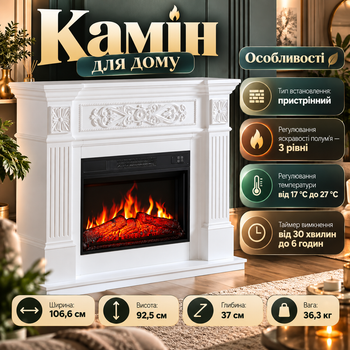 Каминокомплект 1800 Вт до 30 м² белый 23″ с порталом Электрокамин пристенный LED-пламя пульт термостат обогрев для дома