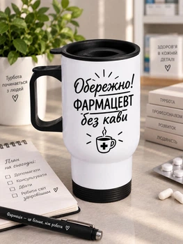 Термокружка для фармацевта «Обережно! Фармацевт без кави» — подарок ко Дню фармацевта