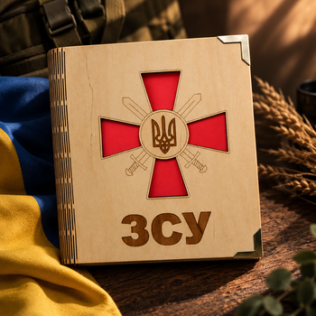 Деревянный блокнот "Герб ЗСУ" Збройні сили України (на цельной обложке с ручкой), ежедневник из дерева