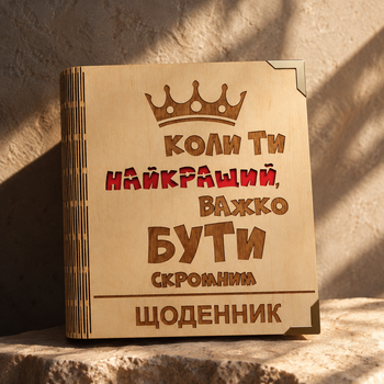 Деревянный блокнот "Коли ти найкращий, важко бути скромним" (на цельной обложке с ручкой), ежедневник из дерева
