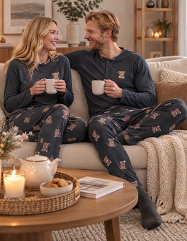 Парные пижамы Family Look Тедди лонгслив брюки серый хлопок демисезон трикотаж XL (для нього) (406001)