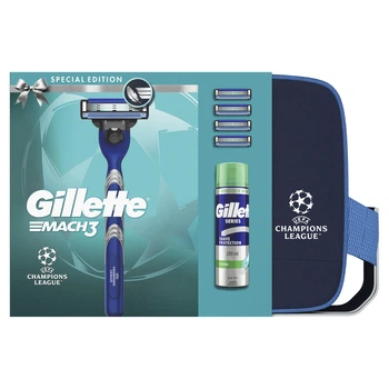 Подарунковий набір "UEFA Champions League Special Edition": Станок Gillette Mach3 з картриджами, Гель для гоління Gillette 200 мл