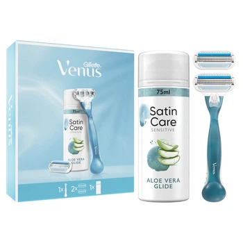 Подарунковий набір: Станок Gillette Venus Smooth з 2 змінними картриджами, Гель для гоління Gillette Satin Care Sensitive 75 мл
