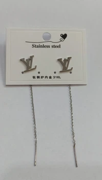 Сережки Stainless Steel медична сталь ланцюжки-протяжки Louis Vuitton сріблясті