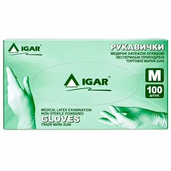 Перчатки латексные Igar смотровые нестерильные опудренные М 50 пар.