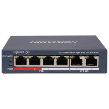 6-портовий некерований POE комутатор Hikvision DS-3E0106P-E/M(B) , 4 POE×100 Мбіт/с + 2 RJ45×100 Мбіт/с (UG-46867)