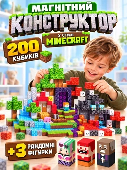 Магнітний конструктор Minecraft Майнкрафт 200 деталей + 3 фігурки магнітні кубики набір для творчості для хлопчиків та дівчаток дитячий ігровий розвиваючий набір