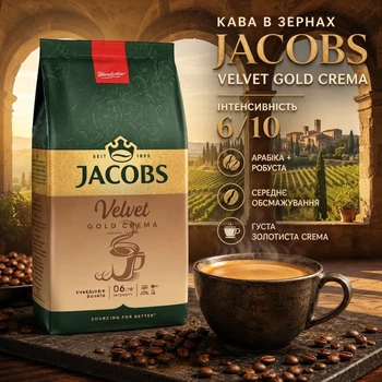 Кава в зернах Jacobs Velvet Gold Crema 1000 г арабіка робуста середнього обсмажування кава для кавомашини еспресо капучино латте інтенсивність 6/10