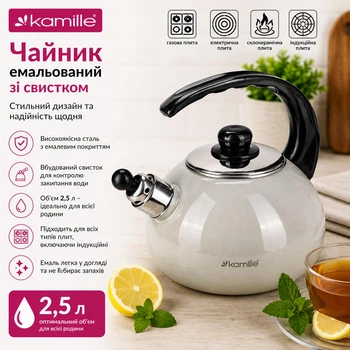 Чайник Kamille 2,5л с эмалевым покрытием со свистком KM-1039B