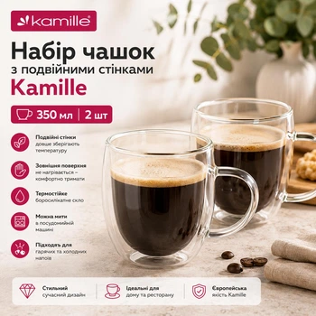 Набор чашек 350 мл Kamille из боросиликатного стекла с двойными стенками 2 шт КМ-9009