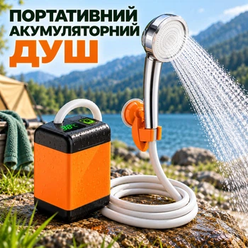 Портативный аккумуляторный душ SHOWER-7200T 7800 mAh с дисплеем, датчиком температуры и шлангом