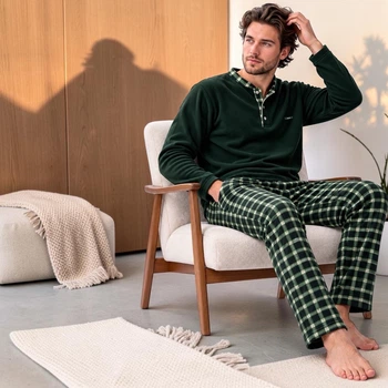 Теплая мужская пижама флис PIJAMA’N, зеленая клетка L (48–50)