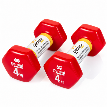 Гантели для фитнеса Gemini Sport 2×4 кг - виниловые гантели для тренировок, аэробики и силовых упражнений (пара) Красный